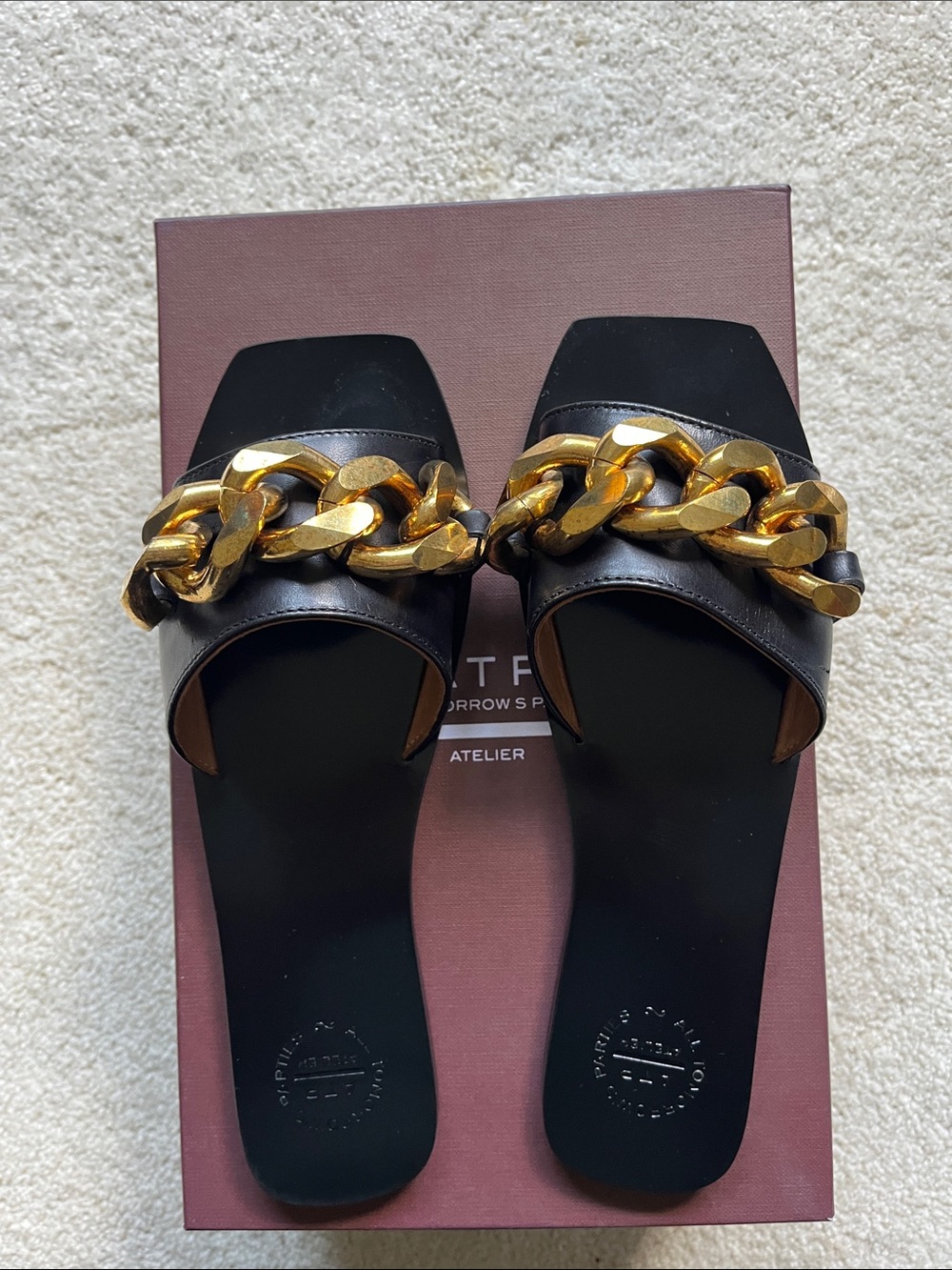 Black Slide Sandals with Gold Chain Accent